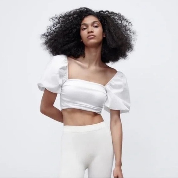 NWT ZARA White Puff Short Sleeve Square Neck Ribbed Crop Top 1660/809 SMALL - Picture 2 of 11